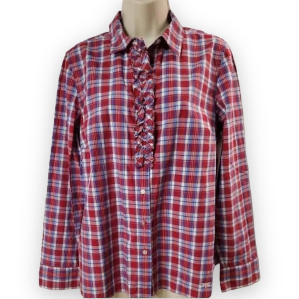 Talbots Womens Size 16 100% Cotton Red White Blue Ruffle Button Down Plaid Shirt